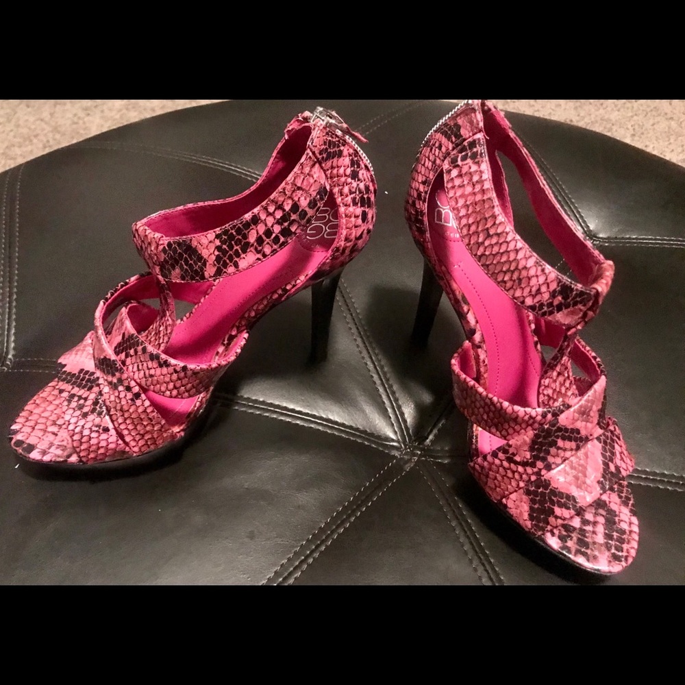 BCBG pink and black snake print platform heels